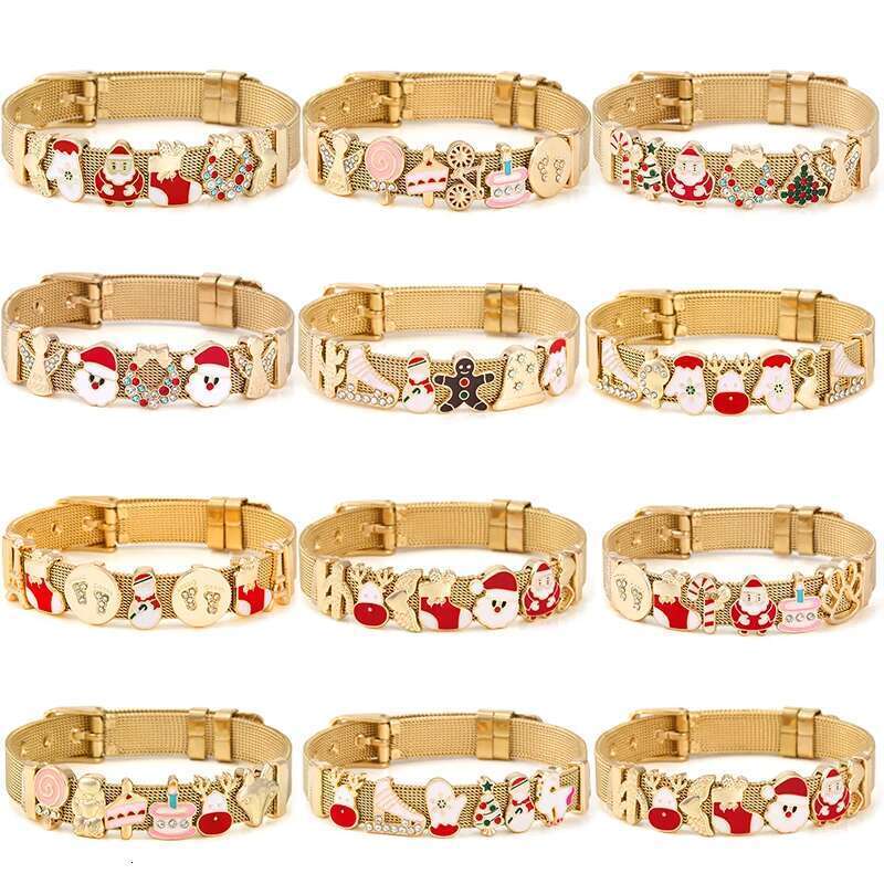 10mm Gold Color Winter Series Santa Claus Bells Beads Mesh Bracelet Stainless Steel Charm Bracelets For Women Christmas Jewelry
