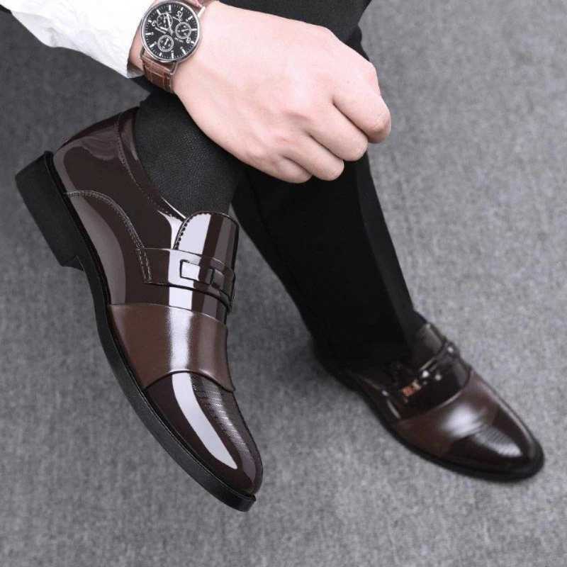 Fi black PU leather shoes slip formal mens shoes Plus size pointtoe wedding shoes mens elegant business casual shoesXJ250319