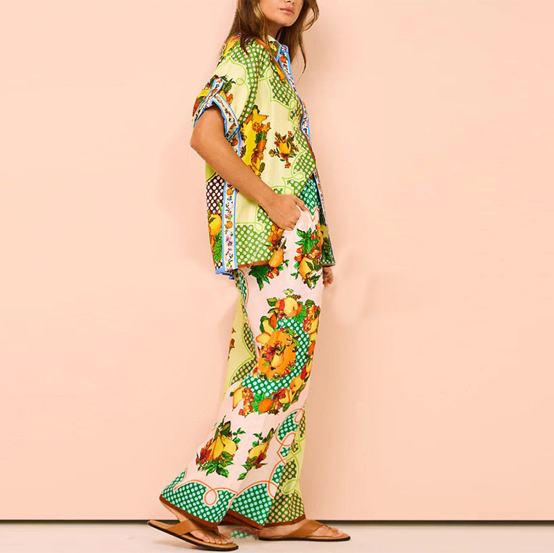 2025 style commuting printed color blocked short sleeved shirt, wide leg pants, spring women's suit