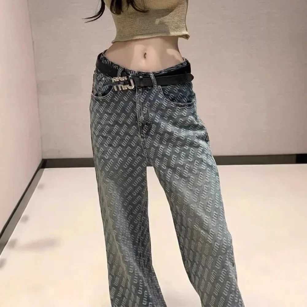 New Fashion Weight Loss Straight Leg Long Jeans Suitable for Women High Waist Loose Tight Denim Trouser Fashionable Letter Printing DesignT250319