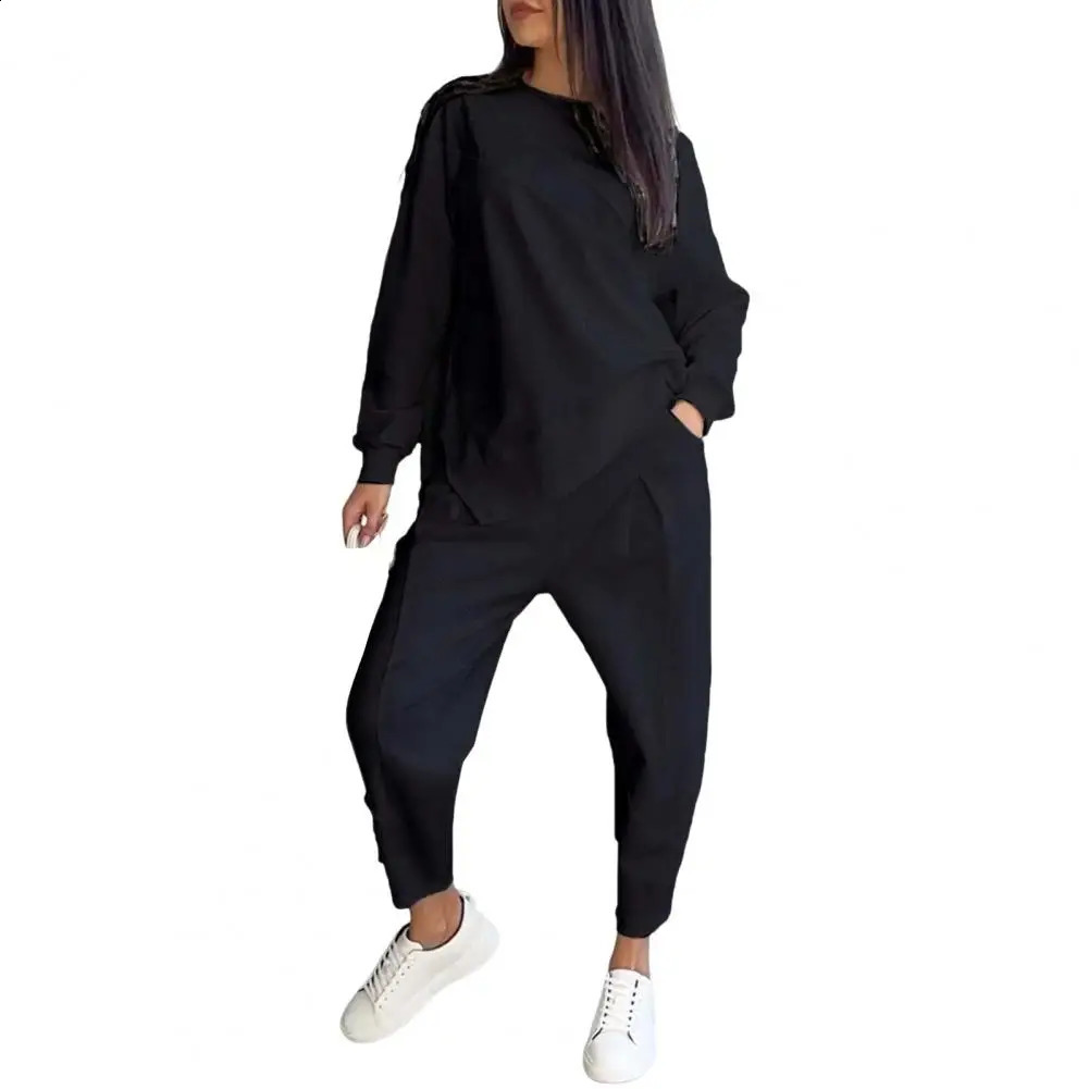 Women Casual Two-piece Set Elegant Womens Top Pants Set with Long Sleeves O Neck Side Pockets for Fall Spring Stylish for Work 250318
