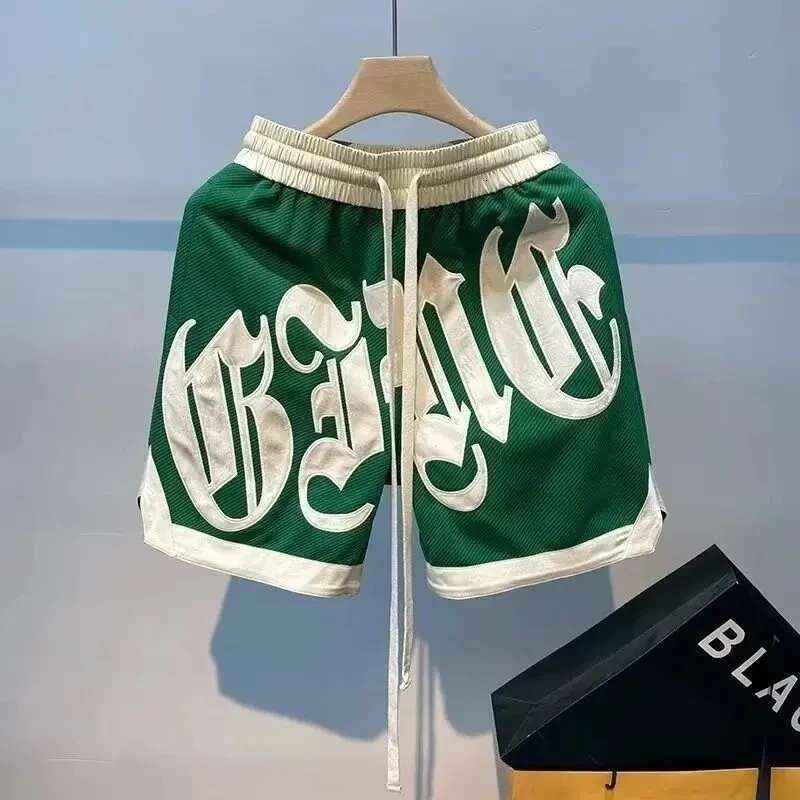 Y2k Casual Letter Embroidery Basketball Clothing Street Vintage Color Contrast Loose Sweatpant Men Shorts Pant