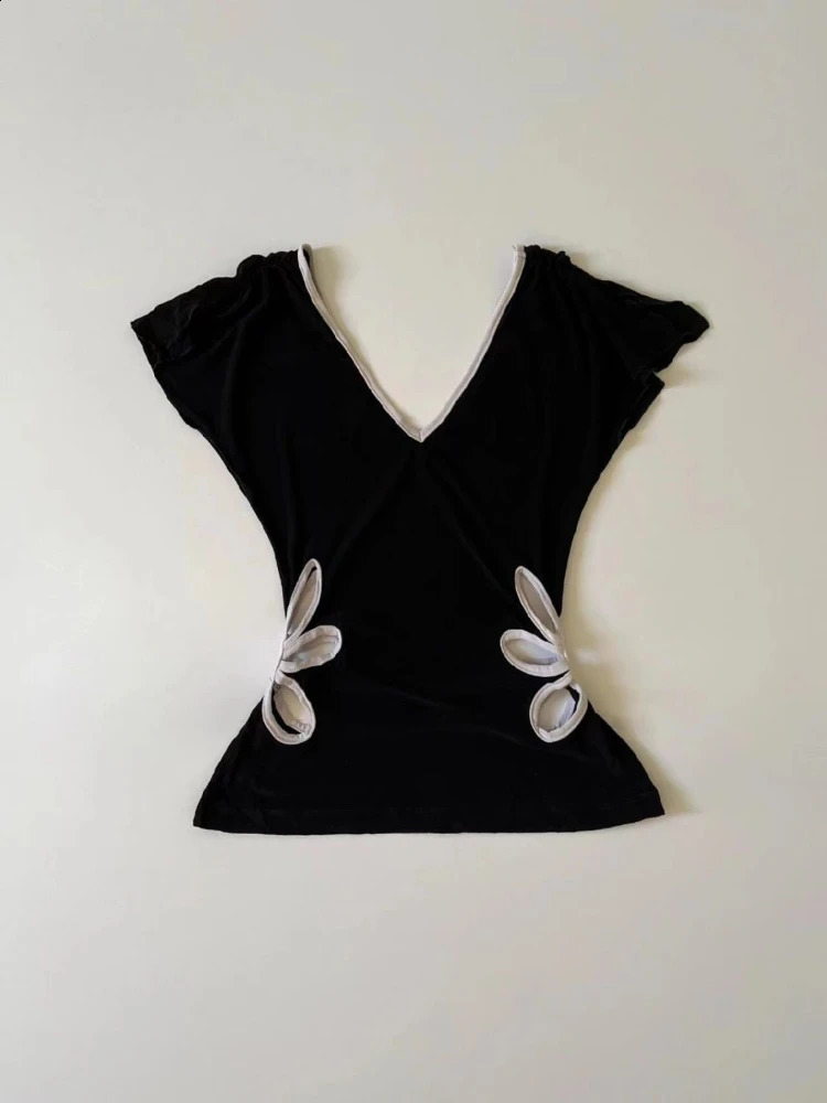 Vintage Hollow Out V Neck Backless Tees Women Summer Grunge Casual Female Tanks Patchwork Contrast Color Crop Top Y2k Aesthetic 250319
