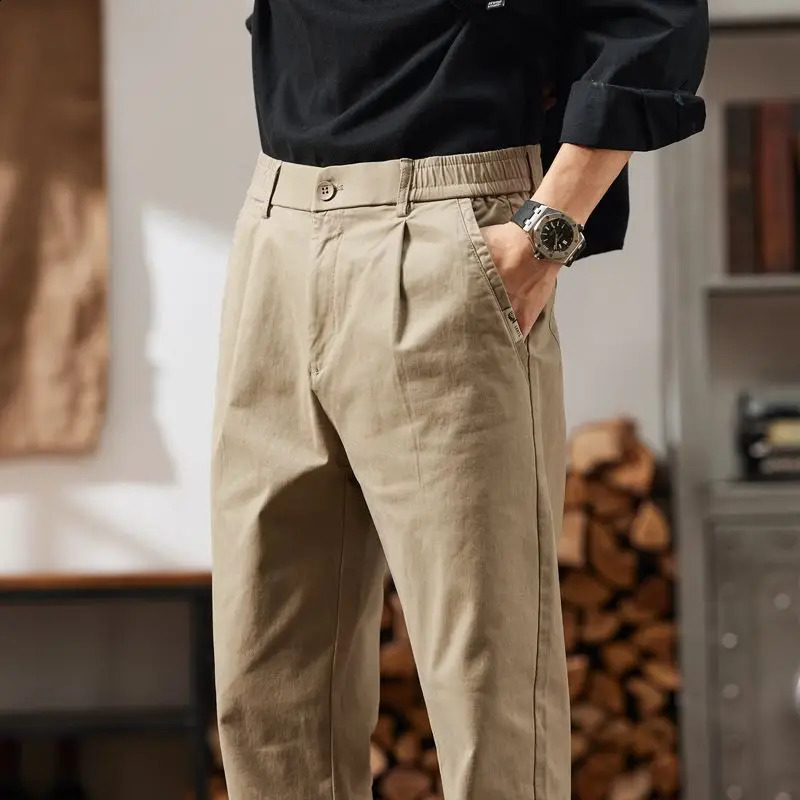 2025 mens straight pants elastic waist Chino Trouser freight casual cotton spring Korean golf suit 250319