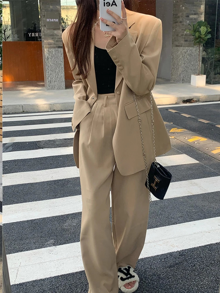 professional twopiece womens fashion Korean loose long sleeved jackethigh waist wide leg pants set for office ladies 250319