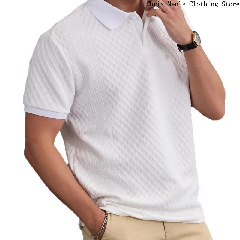 Mens golf jacquard lapel polo shirt solid color business mens polo shirt casual office mens clothing 250317