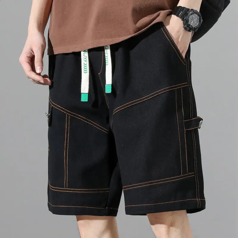 Fashion elastic splicing straight denim shorts mens summer loose Korean high waisted knee casual shorts 250317