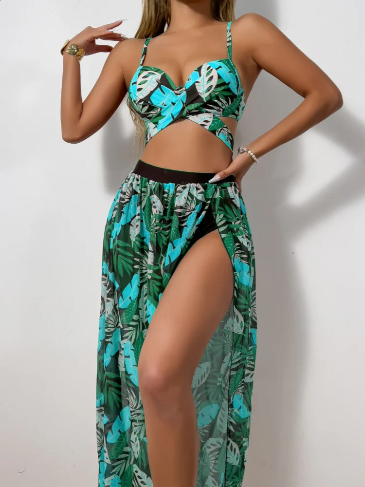3 Pieces Strappy Bikini Women Push Up Swimsuit Sexy Swimwear Female With Beach Dress Bathers Bathing Swimming Swim Suit 250314
