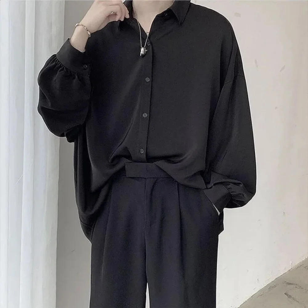 Korean mens long sleeved shirt with black tie comfortable casual solid color oversized breathable and loose Harajuku 250317