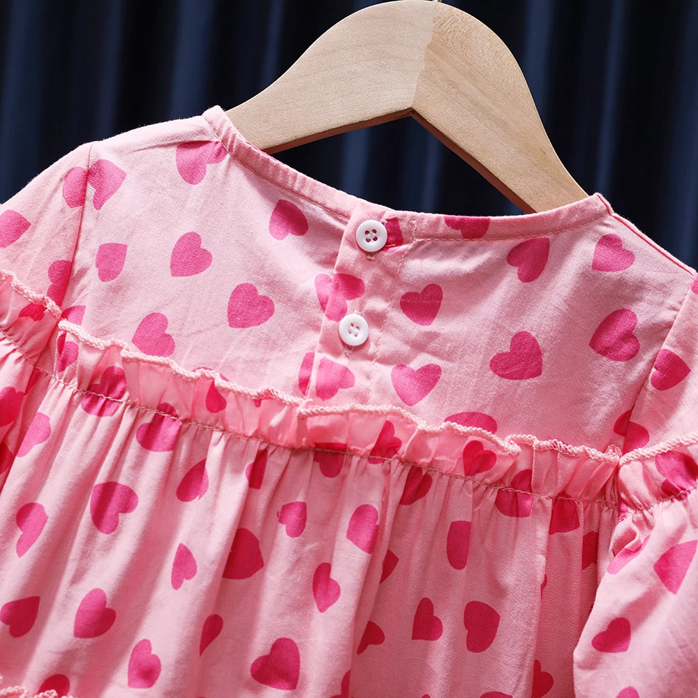 Korean Spring Autumn Children Girls Shirt Pink Heart Print Long Sleeve Lace Cotton Kid Baby Blouse Sweet Little Tops 250319