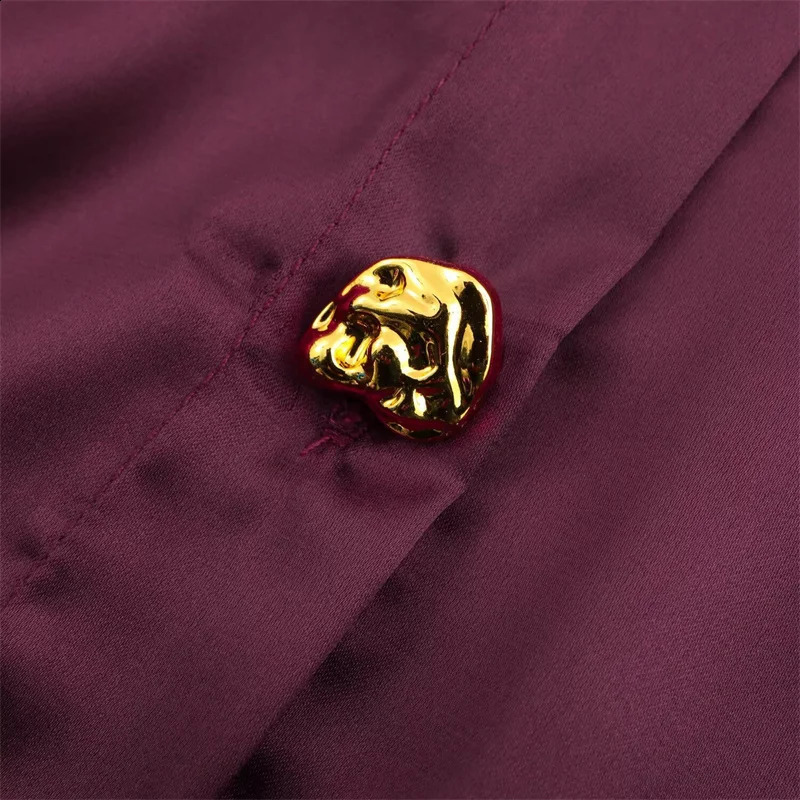 Womens pure satin shirt with gold buttons long sleeved loose top 250319