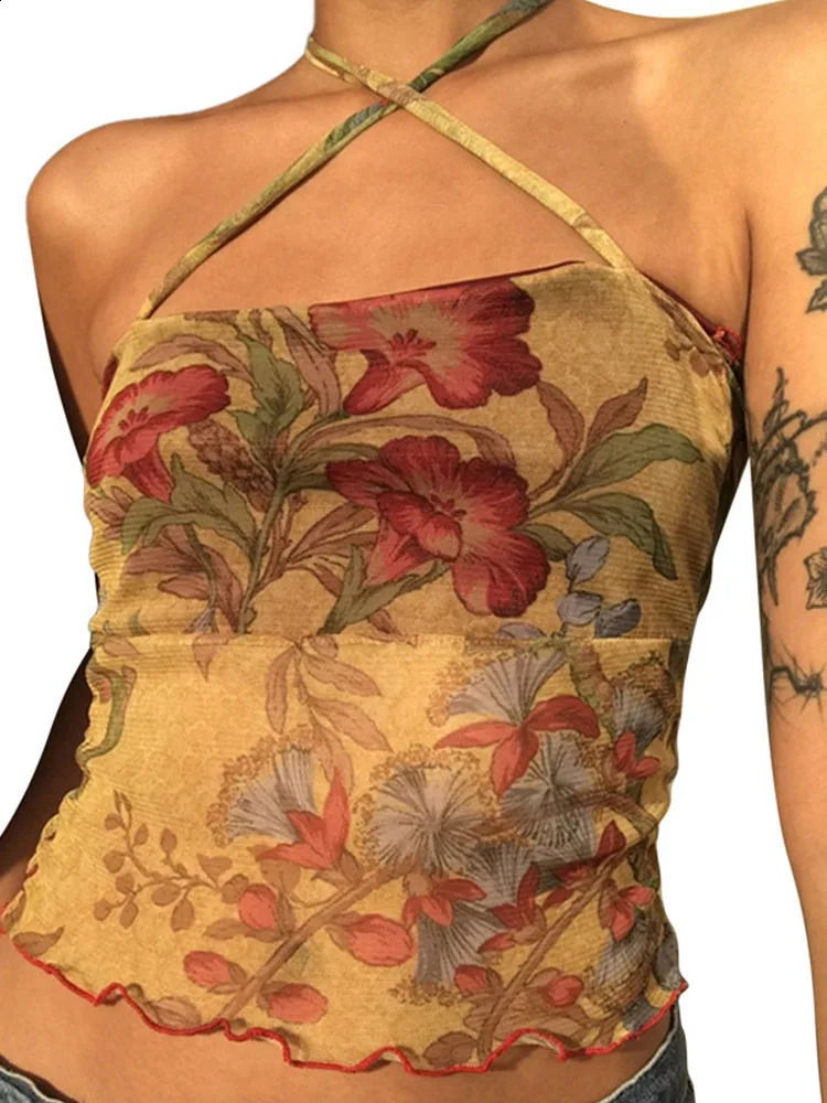 Y2K Mesh Sheer Floral T-shirt Vintage halter Tops Women Sleeveless Slim Fit Crop Top Harajuku Streetwear 250319