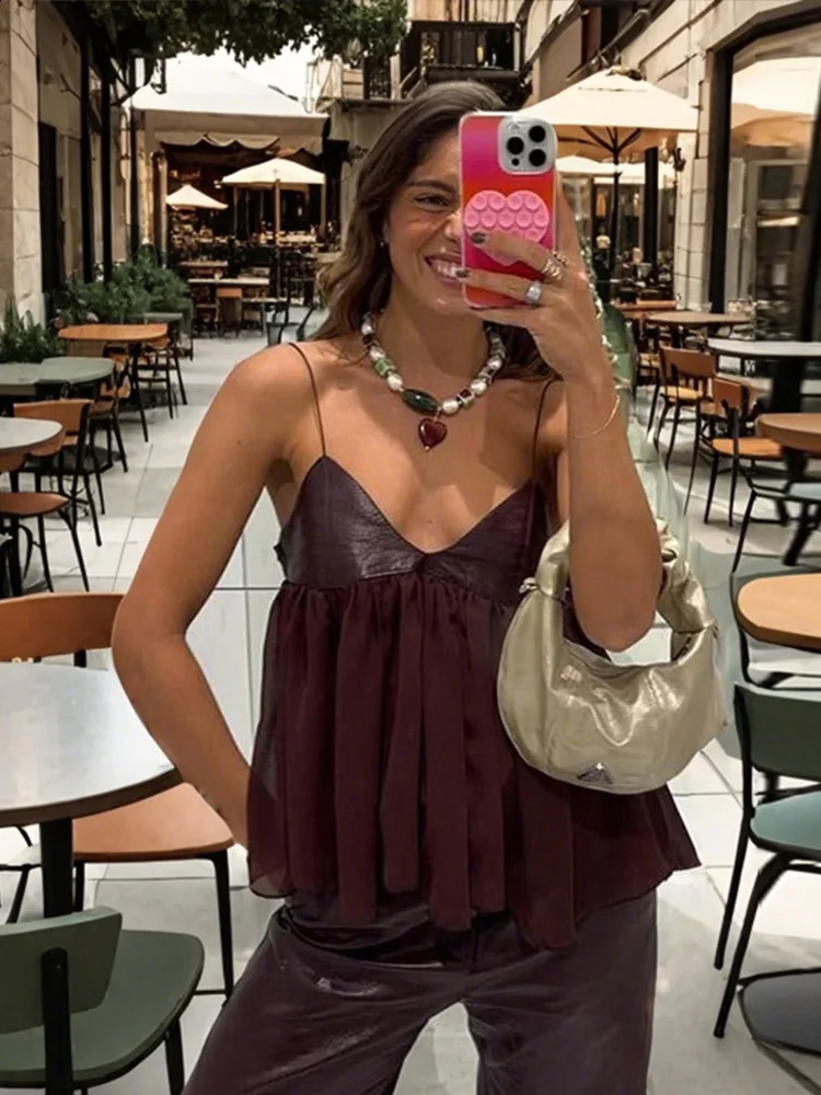 PU Patchwork Vest Womens Sling V-Neck Pleated Sleeveless Leather Tank 2025 Spring Summer Loose Suspender Waistcoat Lady Clothes 250319