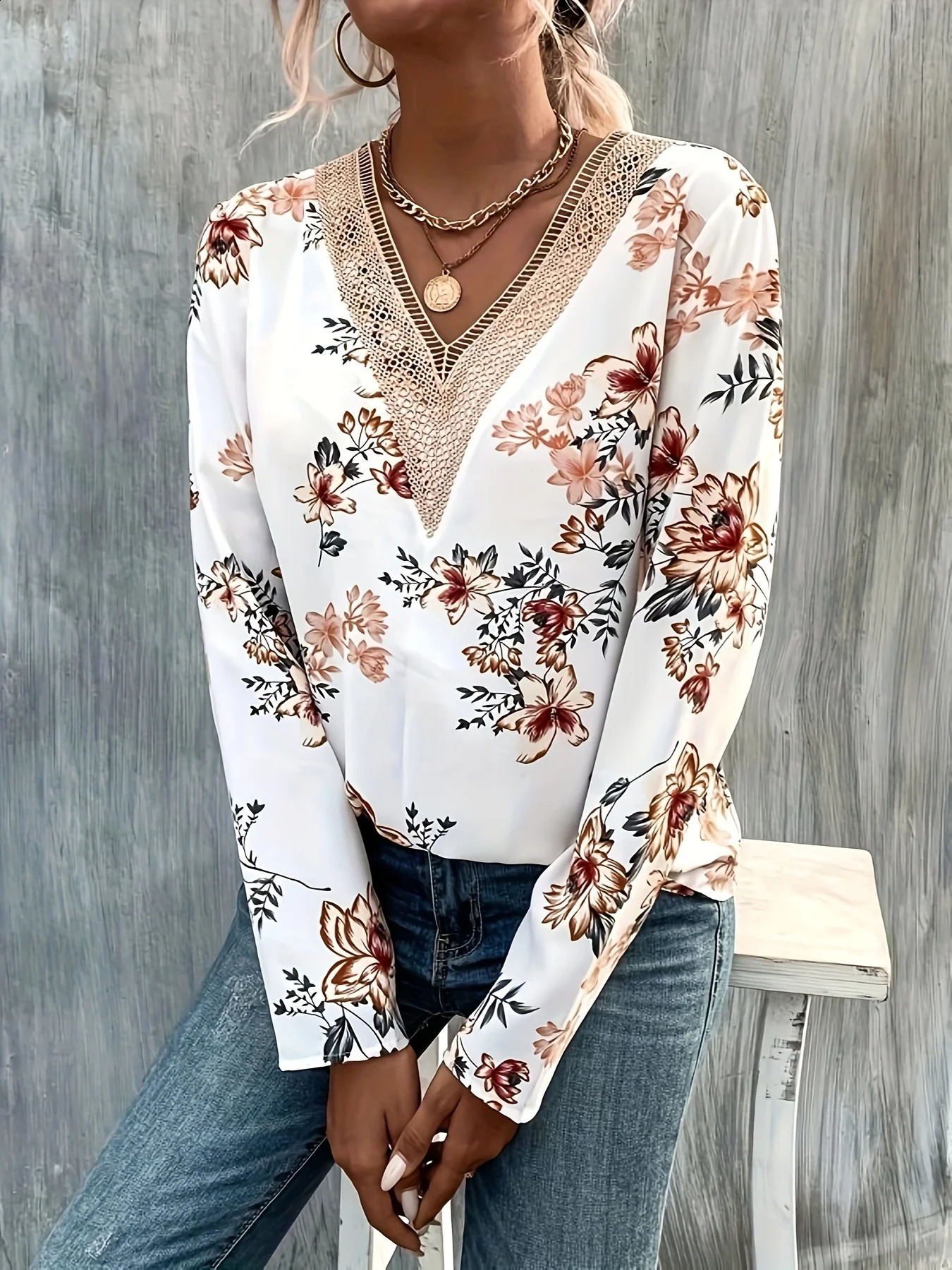 Spring and summer womens lace Vneck long sleeved printed shirt fashionable n showcasing French elegance charm 250319