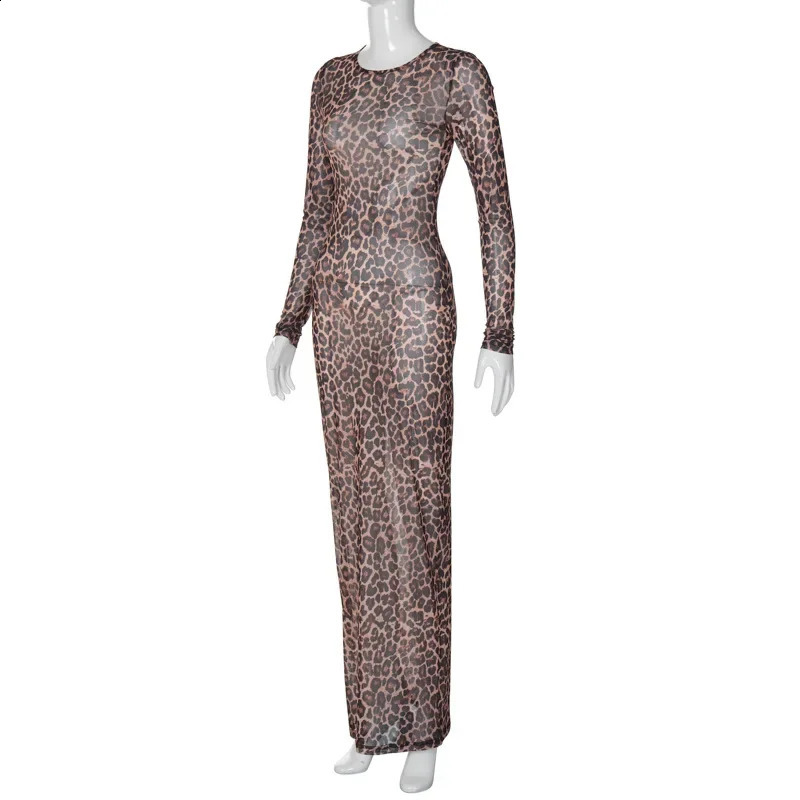 Leopard Print Sexy Mesh See Through Party Club Birthday Dresses for Women Summer Long Sleeve Y2K Streetwear Beach Dress Sundress 250319