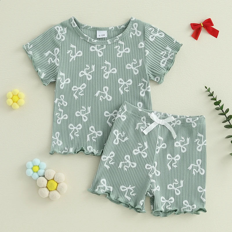 Adorable Infant Girl s Summer Clothes Set with Cute Bow n and Stylish Ruffled Trim Crew Neck Tee and Shorts Outfit 2 250319