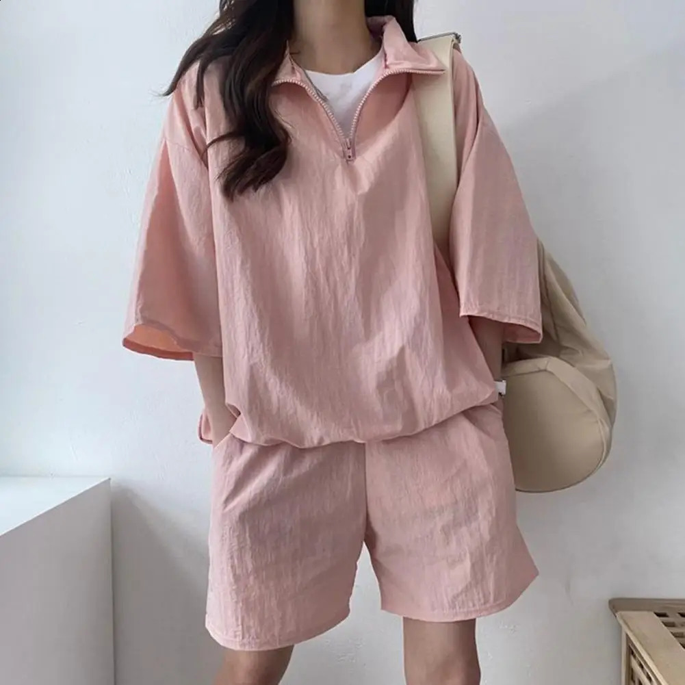 Women Top Shorts Suit Womens Zipper Neck Tracksuit Set with Oversized Top Shorts Solid Color Loose Fit Turn-down for Female 250318