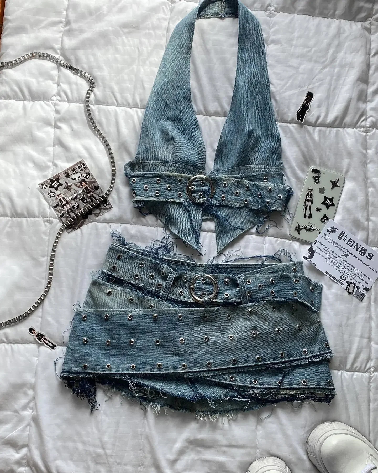 Harajuku Sling Y2k Two Piece Sets Womens Outfits Gothic Vintage Denim Skirt Sets Sexy Slim Crop Tops Mini Skirt Streetwear 250319