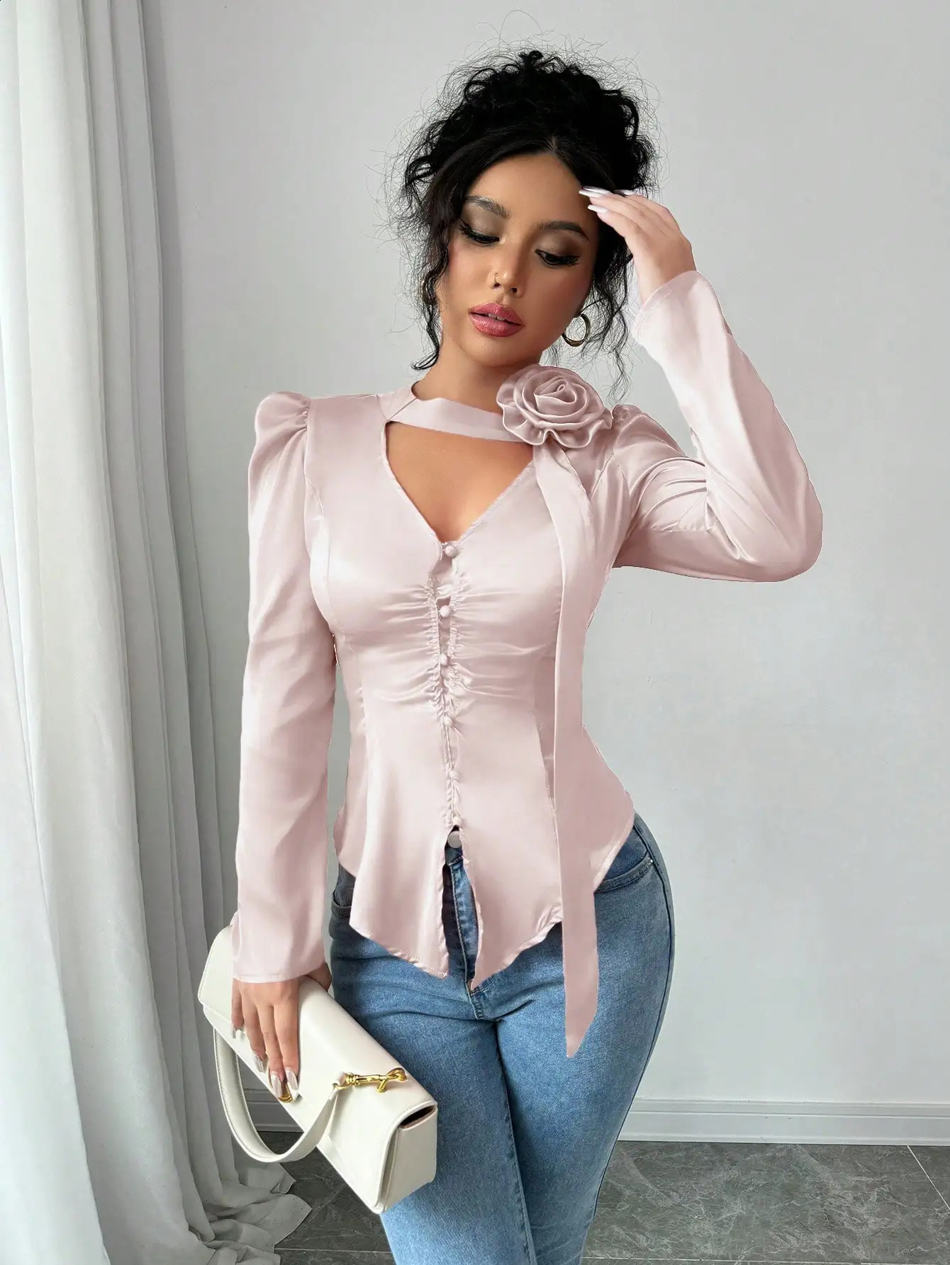 Elegant Communicating Fitted Elastic Ruched High Neck Long Sleeve Shirt with Bow Red AutumnWinter Womens 250318