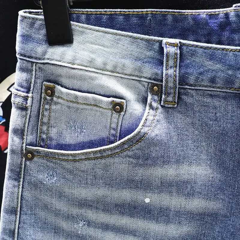 Summer loose thin paint splash denim shorts for men mid to long riding breeze elastic pants W250319
