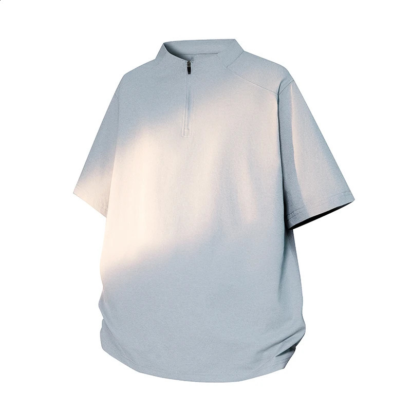 Mens Short sleeved Tshirt Summer Top 2025 Korean Fashion Stand up Collar Half Zipper Solid Knitted Sleeve 250319