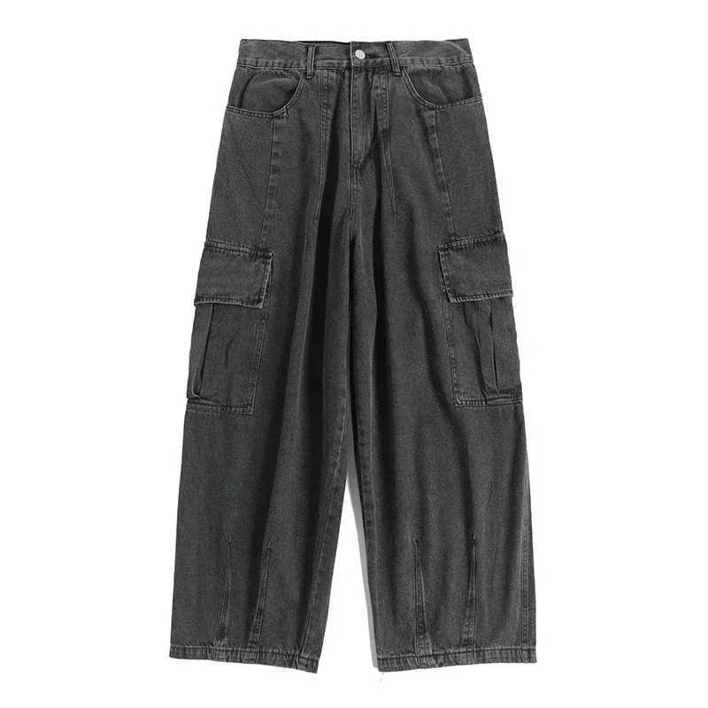 2024 new black pocket jeans mens oversized Korean fashion goods wide denim pants street clothing Y2k pants mens sports pantsT250319