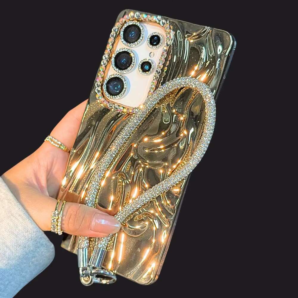 Stylish Glitter Strap Chain Phone Case for Samsung Galaxy S25 Ultra S24 Plus S23 Fe A14 A15 A16 A25 A36 A56 A35 A55 A05