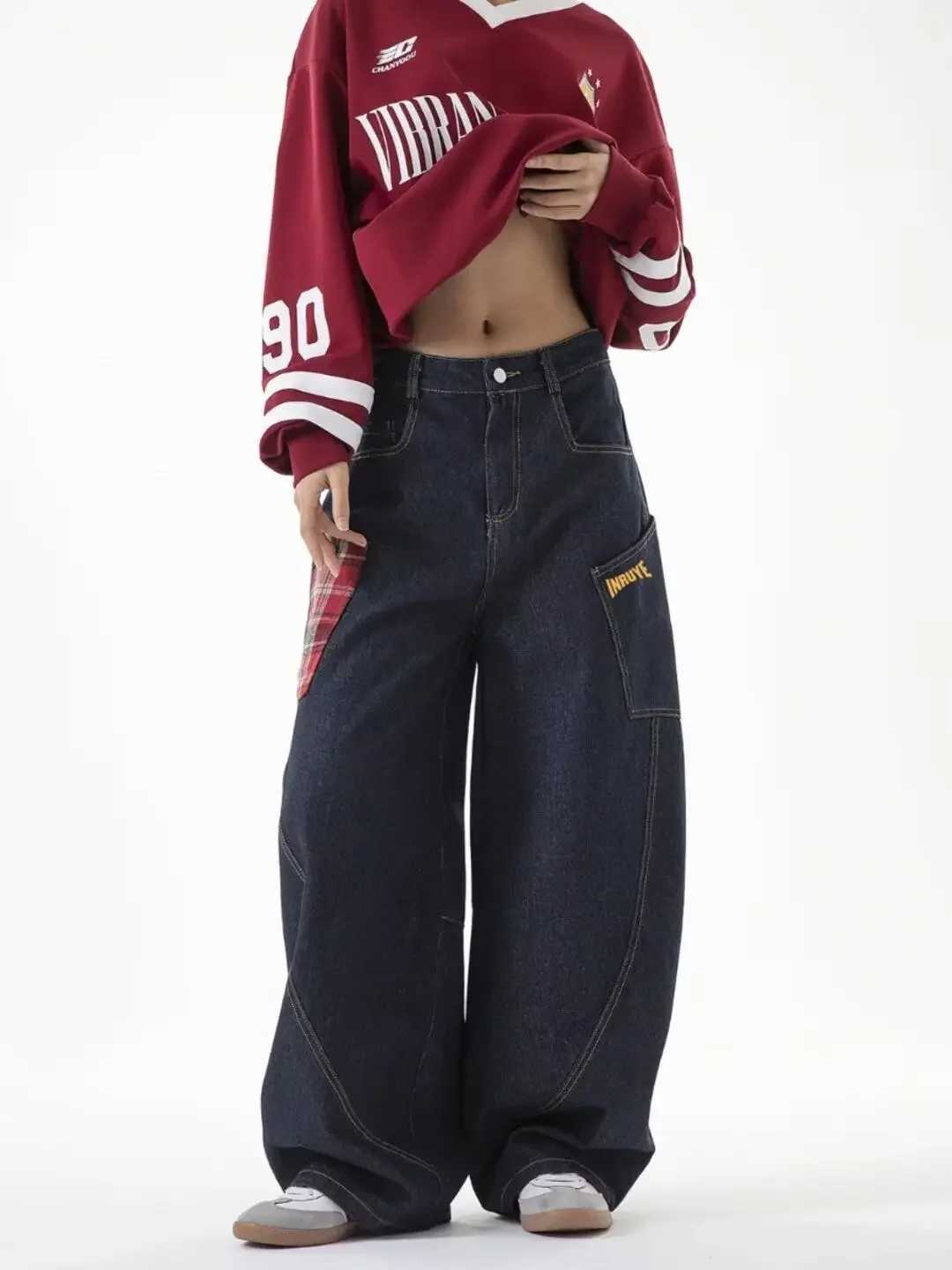 New American Style Splicing Plaid Washed Cargo Pants Women Retro Wide Leg High Waisted Baggy Jeans Women Hip Hop Denim PantsT250319