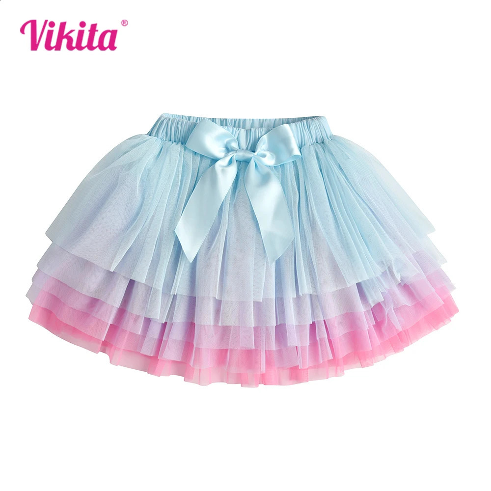 VIKITA Girls Skirts Kids Layered Mesh Tulle Cake Princess Tutu Skirts Girl Birthday Party Performance Daily Casual Ballet Skirt 250319