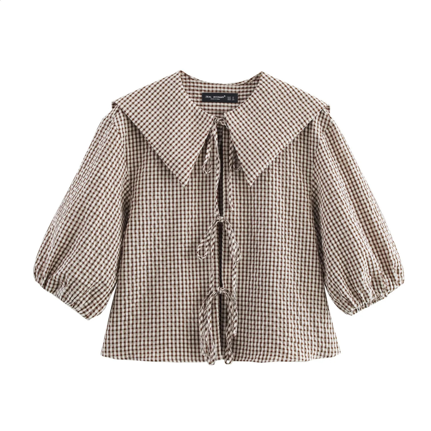 Womens Plaid Lace Up Shirts Blouses Fashion Turn Down Neck Blouse Top Women Casual Cute Sweet Long Sleeve Clothes 250319