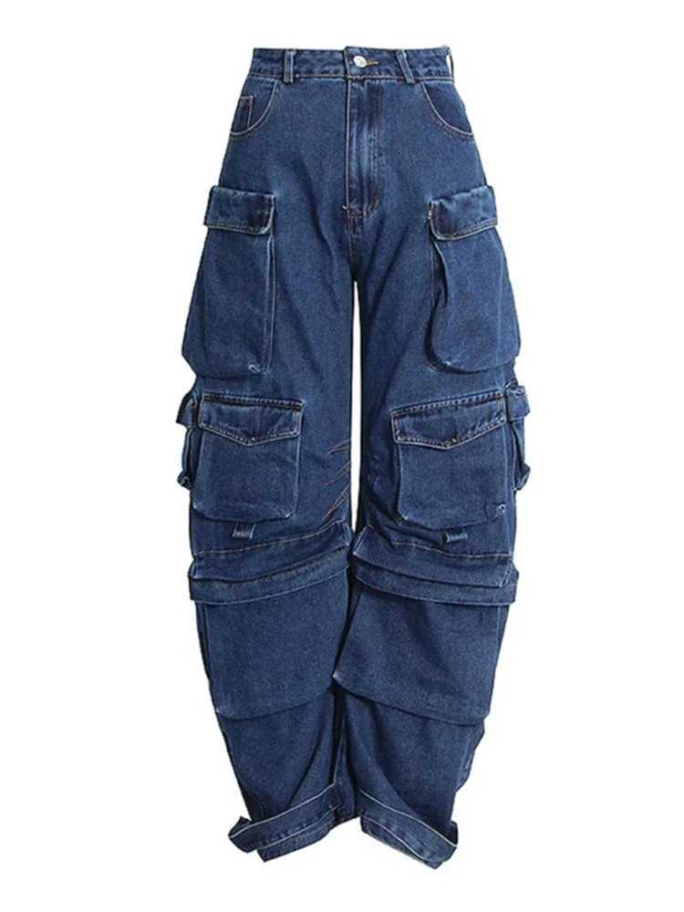 Solid color multi pocket loose jeans womens street retro hip-hop wide leg pants casual straight high waist jeans womenT250319