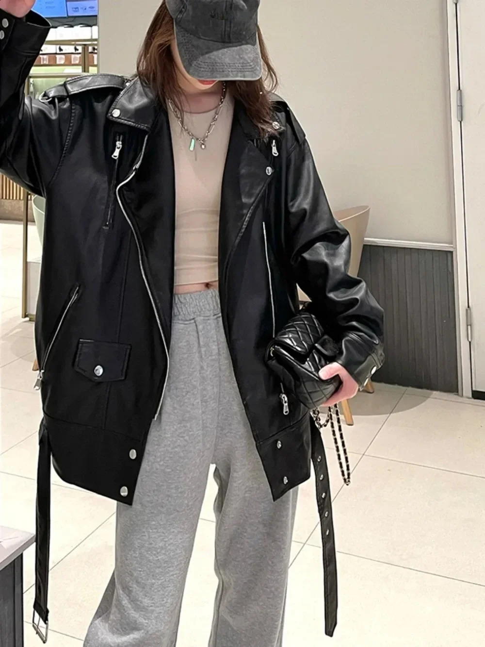 Black PU leather jacket European motorcycle synthetic fashionable womens with ultrafine belt 250319