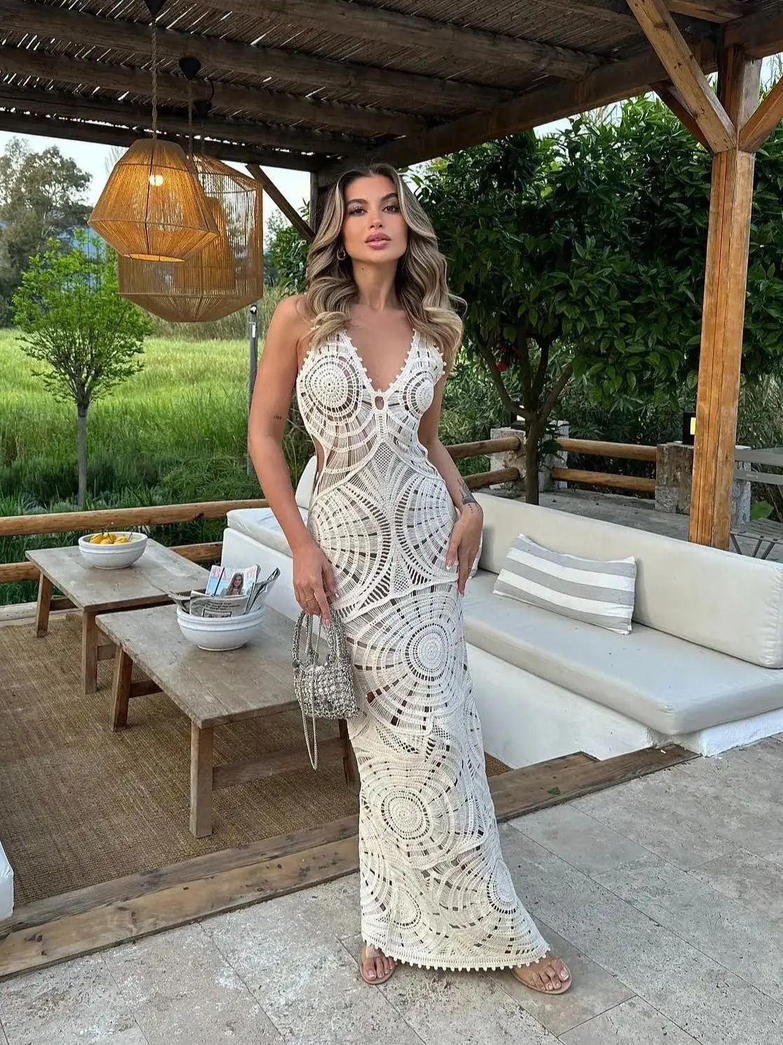 Solid V-neck Slip Knitted Maxi Dress Sexy Coverage Bikini Womens Swimsuit Coverage Beach Swimsuit 250318