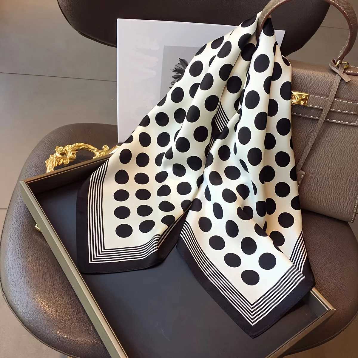 Black white polka dot square scarf elegant style thin silk neck scarf casual decorative headband X250319