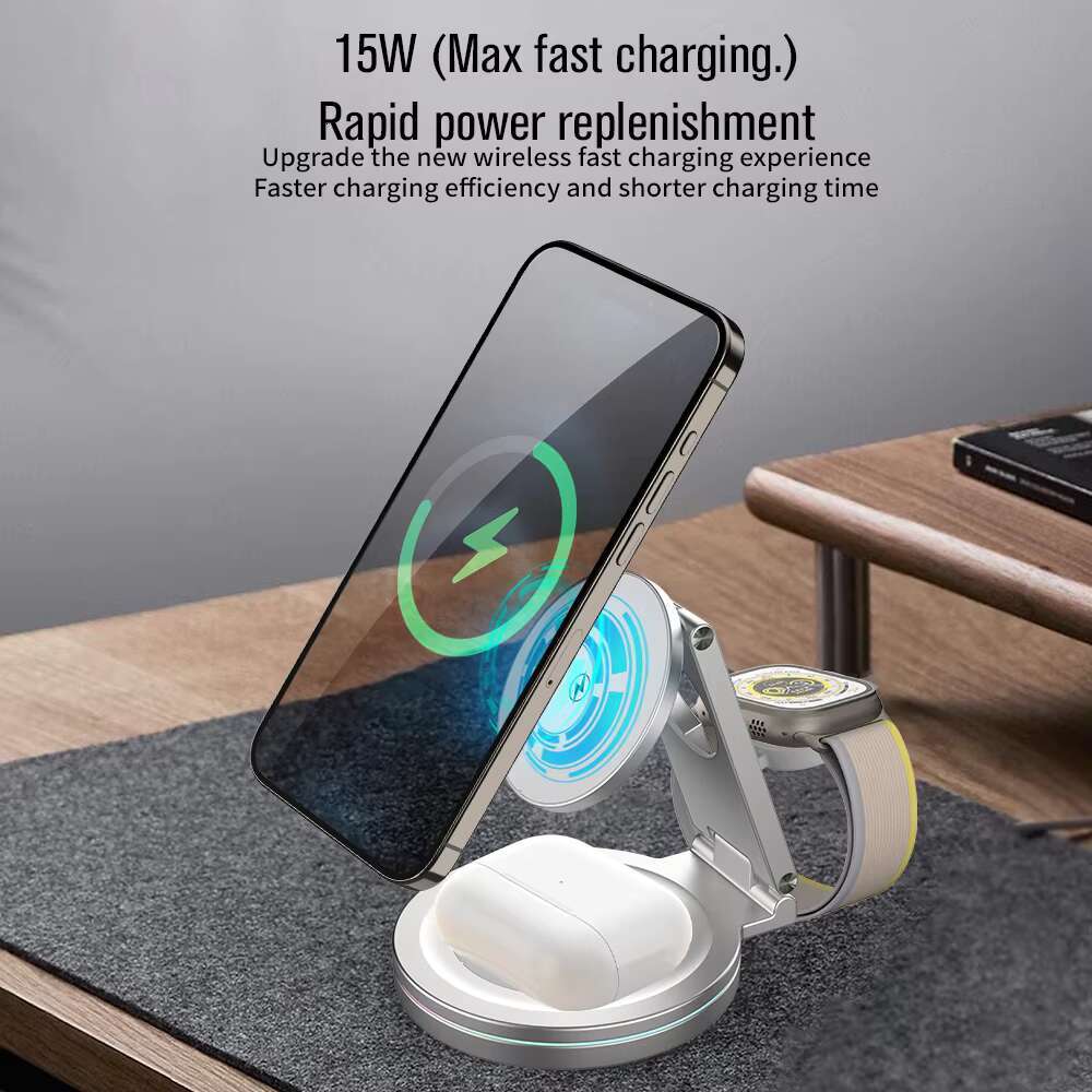 New 3 in 1 Foldable Magnetic Wireless Charger 15W Smart Fast Charging Station 360 Degree Rotation for iPhone 15/14/13/12 Apple