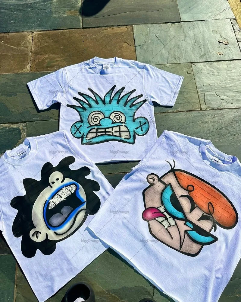 Fashion street clothing short sleeved womens retro cartoon print oversized Tshirt punk summer cotton casual top mens style 250317