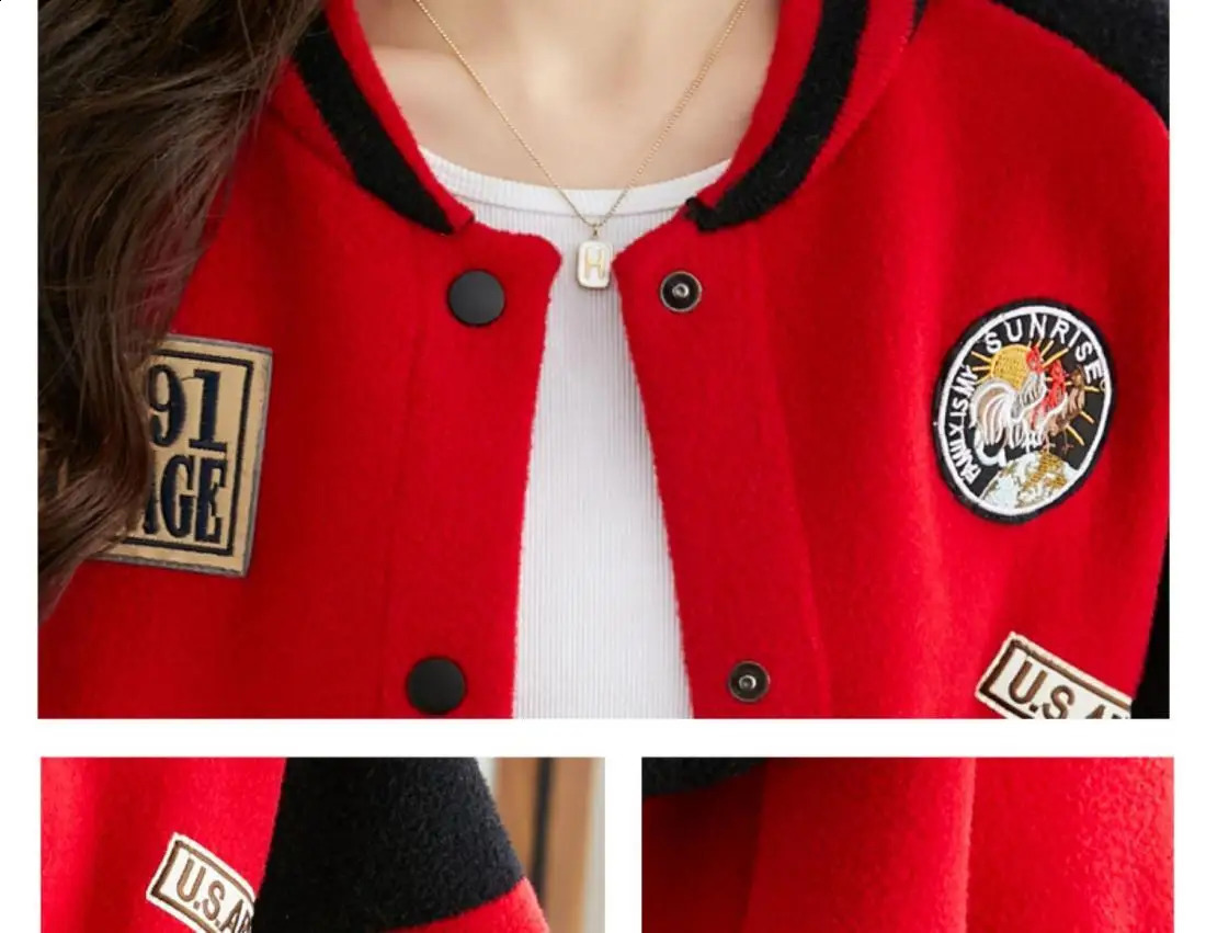Pure Cotton Early Spring Short Baseball Jacket Loose Fit Westernstyle Patch Fabric Long Sleeved Niche Red Top Women 250317