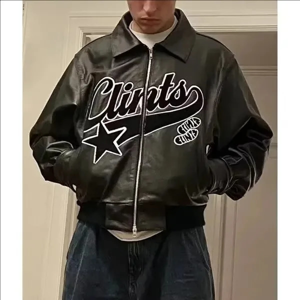 Vintage Y2k Mens Gothic Jacket Hip Hop Rock Line Alphabet Pattern Pu Leather Jacket Black Thick Loose Zipper Jacket Coat 250318