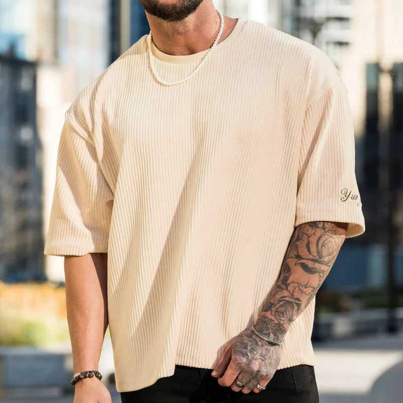 2024 New Fitness Sports Exercise Mens Corduroy Loose T-shirt Summer Crewneck Cotton Running Loose Short SleeveT250318