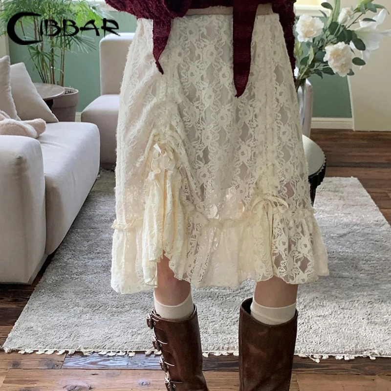 CIBBAR Fairycore Lace Transparent Skirt y2k Vintage Drawstring Bandage Low Rise Midi Skirts Women 2000s Harajuku Ladies Clothing 250319