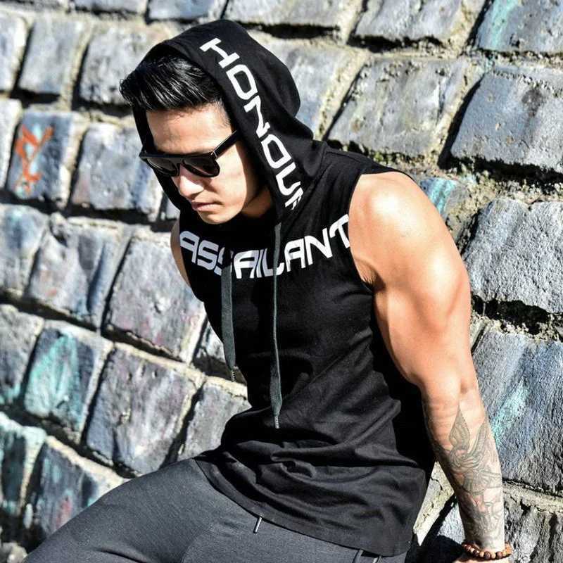 Mens vest fitness suit sleeveless hoodie cotton single set mens jogging vest fitness casual wearT250318