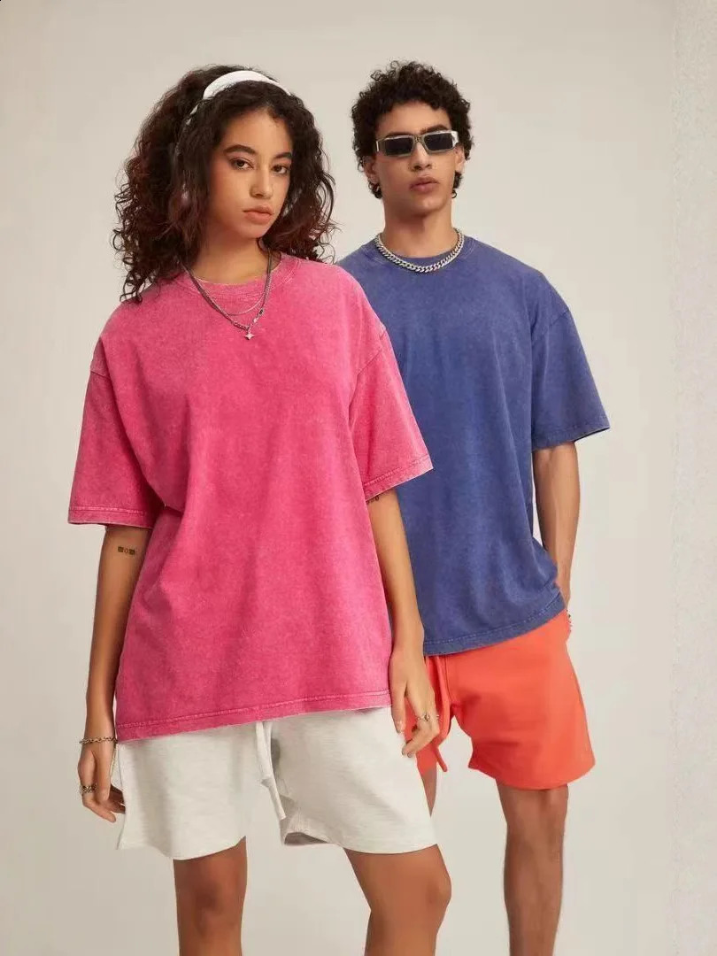 230g American Plus Size Mens 100% Cotton Acid-Washed T-shirts Solid 3D Puff Print Vintage Tee Hip Hop High Street Oversized Top 250319
