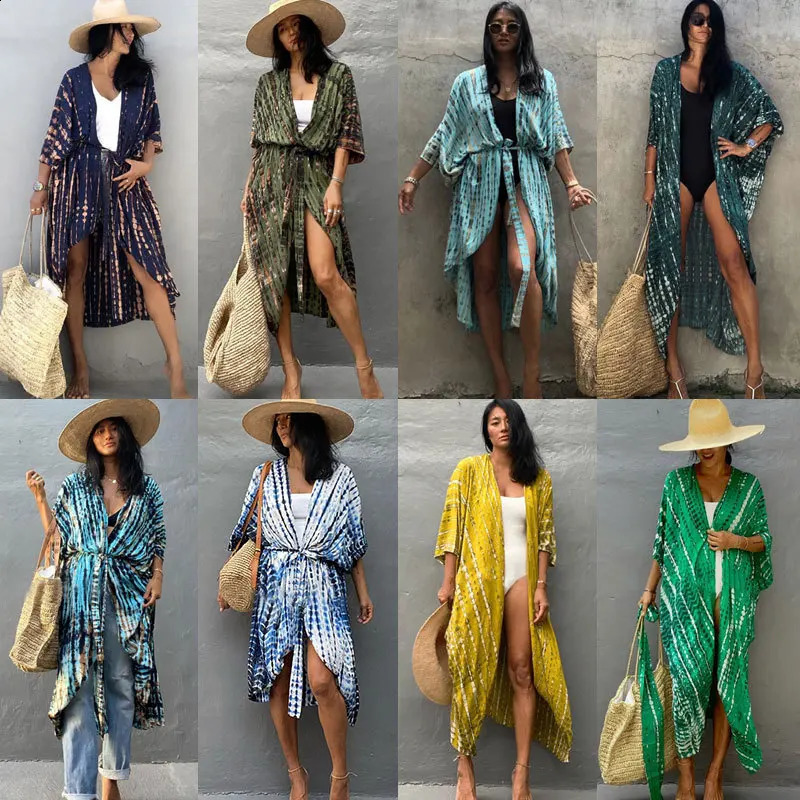 Beach Cover Ups for Swimwear Women Black Tie Dye Kimono Swimsuit Cape Summer Dress Beachwear Outfit Oversized Loose 250319