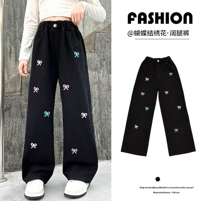 Girls retro black embroidered bow embroidered wide-legged trousers high waist straight tube show thin floor pants 5-14 years oldT250318