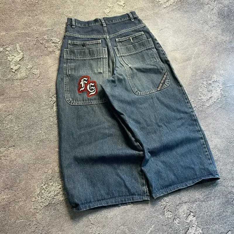 2025 blue letter embroidery new high-quality straight wide-leg street-old washing trendy sports fashion jeans design sense pantsT250319