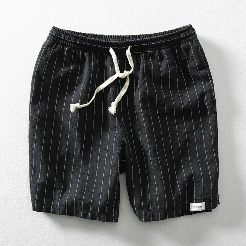 Summer Cotton Linen Shorts Pants Men Casual Sold Color Breathable Comfortable Striped Drawstring Man Holiday Beach Thin Shorts 250317