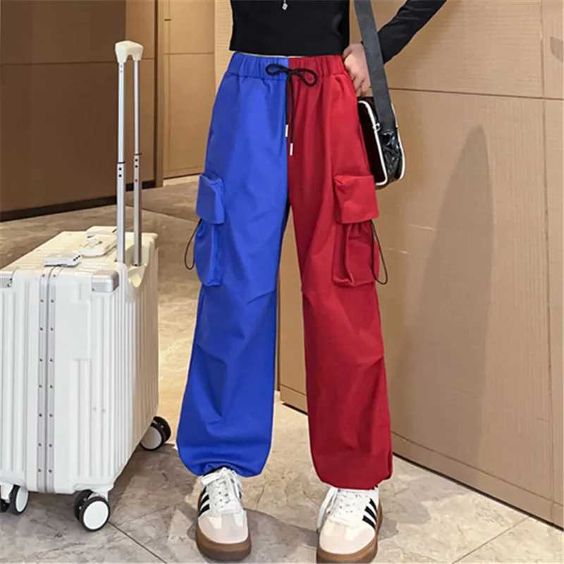 New Fashion Girls Childrens Red and Blue Spliced Colorful Product Pants with Pockets Elastic Waist Childrens Spring Hip Hop Loose Street ClothingT2503