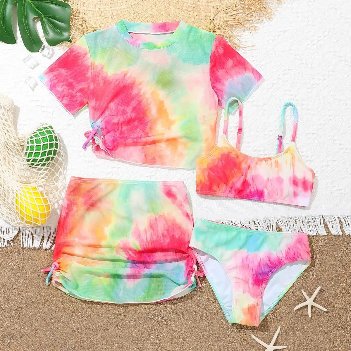 Girls 4 Pack Tie dye Print Short Sleeve Bikini with Skirt Drawstring Swimsuit 7-12 Years Childrens Swimwear Kids Bathing Suit 250319
