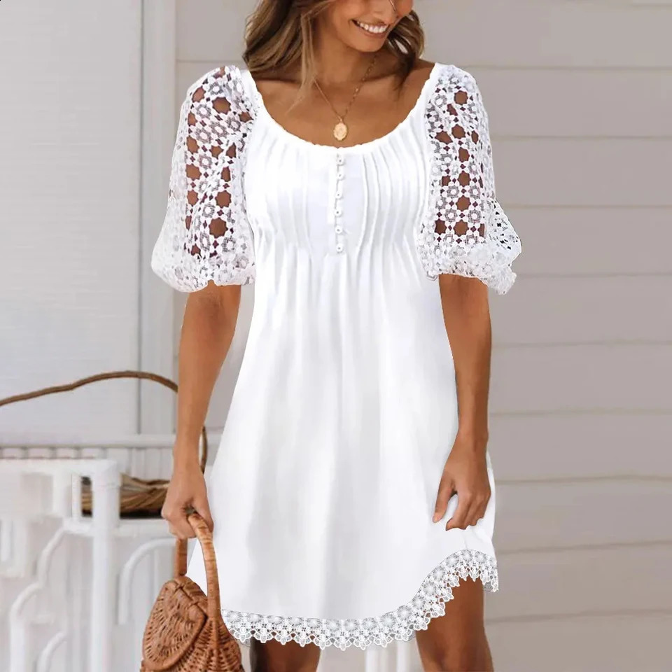 Womens Fashion Plus Size Dress Casual Loose Lace Hollow Short Sleeve Summer Beach Korean Elegant 250319