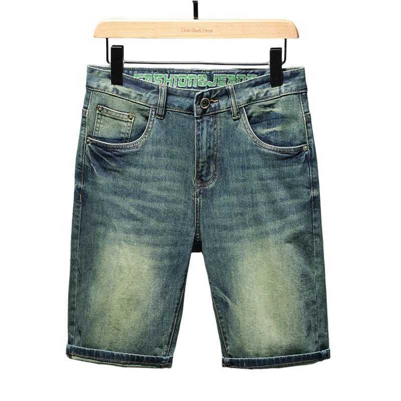 Retro green denim shorts mens summer stretch fashion brand loose straight American casual pleated cool shorts W250319